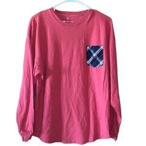 •SOUTHERN MARSH•CORAL OVERSIZED LONG SLEEVE CREWNECK PLAID LOGO SHIRT SIZE SMALL